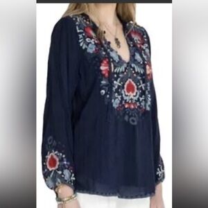 Johnny Was Briana Navy Blue Embroidered Blouse L